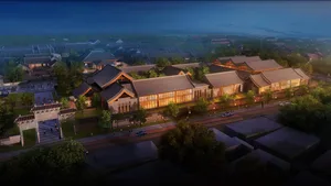A traditional urban architectural design featuring timber and clay materials.