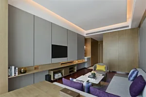 Modern minimalist living room with grey walls, furniture, and a wooden floor.