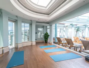 A minimalist exercise room with hardwood floors and glass walls