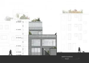 Elevation drawing of a building with gray brick and concrete materials.