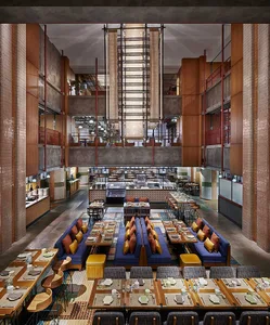 現代餐廳採用工業設計元素，搭配木質餐桌、金屬餐椅與混凝土地板。