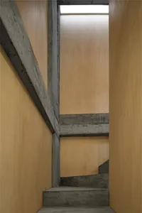Concrete staircase with wooden walls and floor.