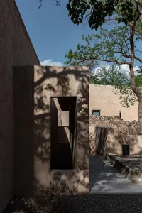 Concrete walls and interior space with natural lighting and greenery.