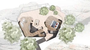 An overhead view of a pentagon-shaped living space with wooden flooring, a sofa, a bed, and green plants.