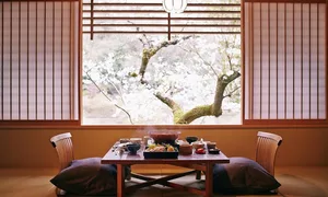 A wooden table in a spa interior setting.