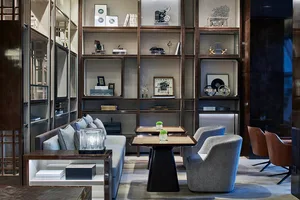 Modern lounge area with contemporary furniture and shelving units displaying decorative items.