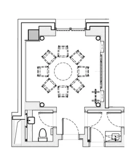 A 2D architectural drawing of a modern interior space with mixed materials and functional zones.