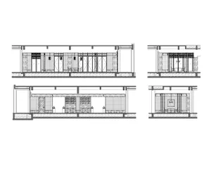 2D architectural drawing of a modern office interior with wooden paneling on walls and ceiling.