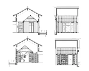 Cross-sectional architectural drawing of a wooden interior design layout