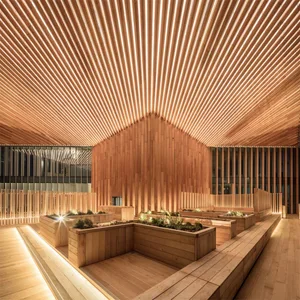 An industrial-style interior space with wooden materials and geometric lighting patterns.
