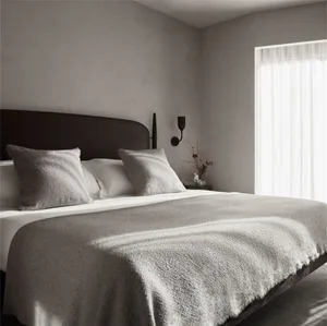 A minimalist bedroom with a textured blanket, pillows, and a sconce.