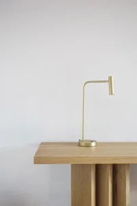 A modern brass desk lamp on a wooden shelf.