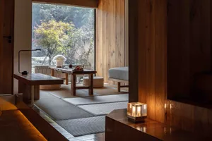 A modern minimalist interior designed with wooden furniture, featuring a view of greenery through a large window.