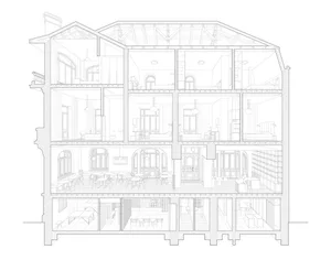 2D architectural drawing of a modern Waldorf school interior with features such as wood, glass, and metal.