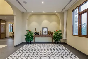 A modern living room featuring a patterned carpet, a wooden console table with decorative items, green plants, and large wind
