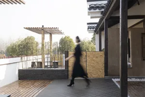 A modern interior design featuring a bamboo wood terrace.