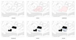 一系列註解式建築平面圖，展示都市區域透過不同設計階段的轉變。