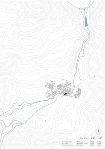 Topographic map of a village showing shaded relief and village layout.