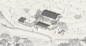 Modern residential floor plan depicting a house with various rooms and outdoor spaces.