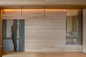 Modern bathroom featuring wooden walls and a glass partition.