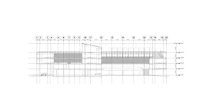Schematic architectural drawing of a modern building layout with various numbered sections.