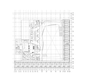 A detailed blueprint of a modern office space showing various functional areas and dimensions.