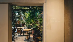 Industrial restaurant interior with concrete walls, large plants, and rustic furniture.