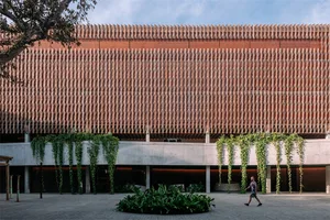 Contemporary building facade with wooden cladding and green ivy