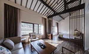 A modern bedroom with wooden elements