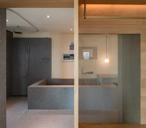 Modern bathroom featuring a concrete bathtub and shower area with minimalist decor.