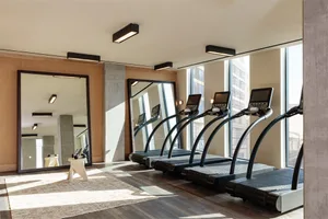 Modern gym with wooden floors, glass windows, and metal treadmills.