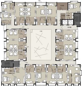 A modern hotel floor plan with white background showing multiple rooms and amenities.