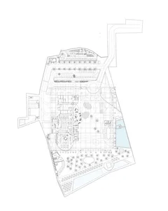 Detailed architectural site plan depicting an urban development project with labeled sections, buildings, and streets.