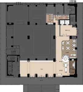 Floor plan of a modern office space showing a reception area, meeting rooms, and office spaces.