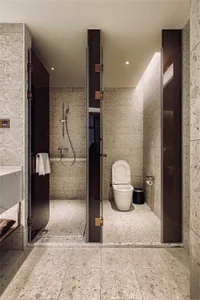 A modern-stone bathroom with a shower and toilet.