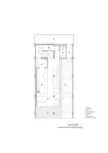 Floor plan of a hotel showing rooms, bathrooms, and service areas.
