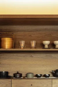 Modern kitchen featuring wooden storage solutions