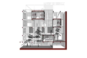Modern residential floor plan with cross-section view of a multi-story building using steel and glass materials.