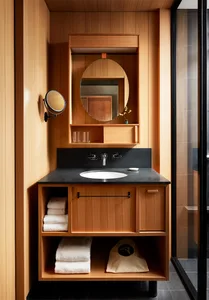 Modern bathroom featuring wooden vanity and porcelain sink