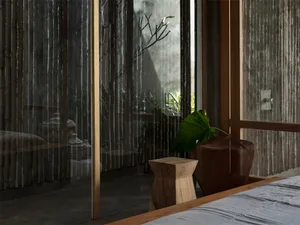 A minimalist interior space featuring a wooden stool and large green leaf plant.