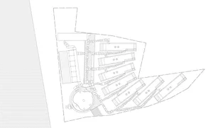 A detailed architectural layout of a building, showing the arrangement of rooms and spaces.