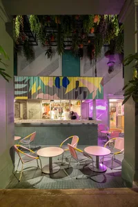 An interior design of a cafe bar with metallic frame chairs and plants hanging from the ceiling.