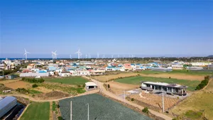從空中俯瞰一座小鎮，背景有風力發電機，代表永續能源發展。