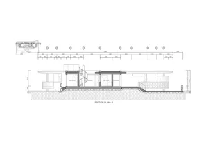 Modern house cross-section technical plan with dimensions and labels.