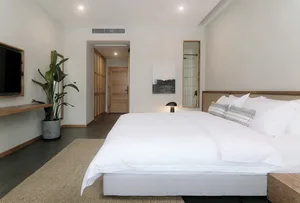Modern minimalist bedroom featuring a white bed with wooden accents and fabric headboard against a plain wall, with a small p