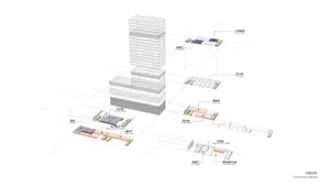 3D architectural view of a hotel lobby, showing various functional zones such as elevators, reception, and a meeting room.