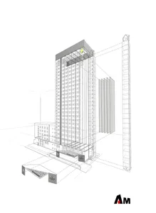3D rendering of a hotel building with glass exterior.