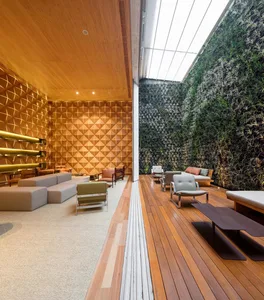 Modern indoor relaxation area with wooden seating and green wall