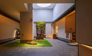 Modern minimalist outdoor patio made of concrete and stone
