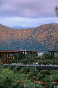 A scenic view of lush mountains with a cloudy sky in the background, framed by a wooden structure and green foliage.